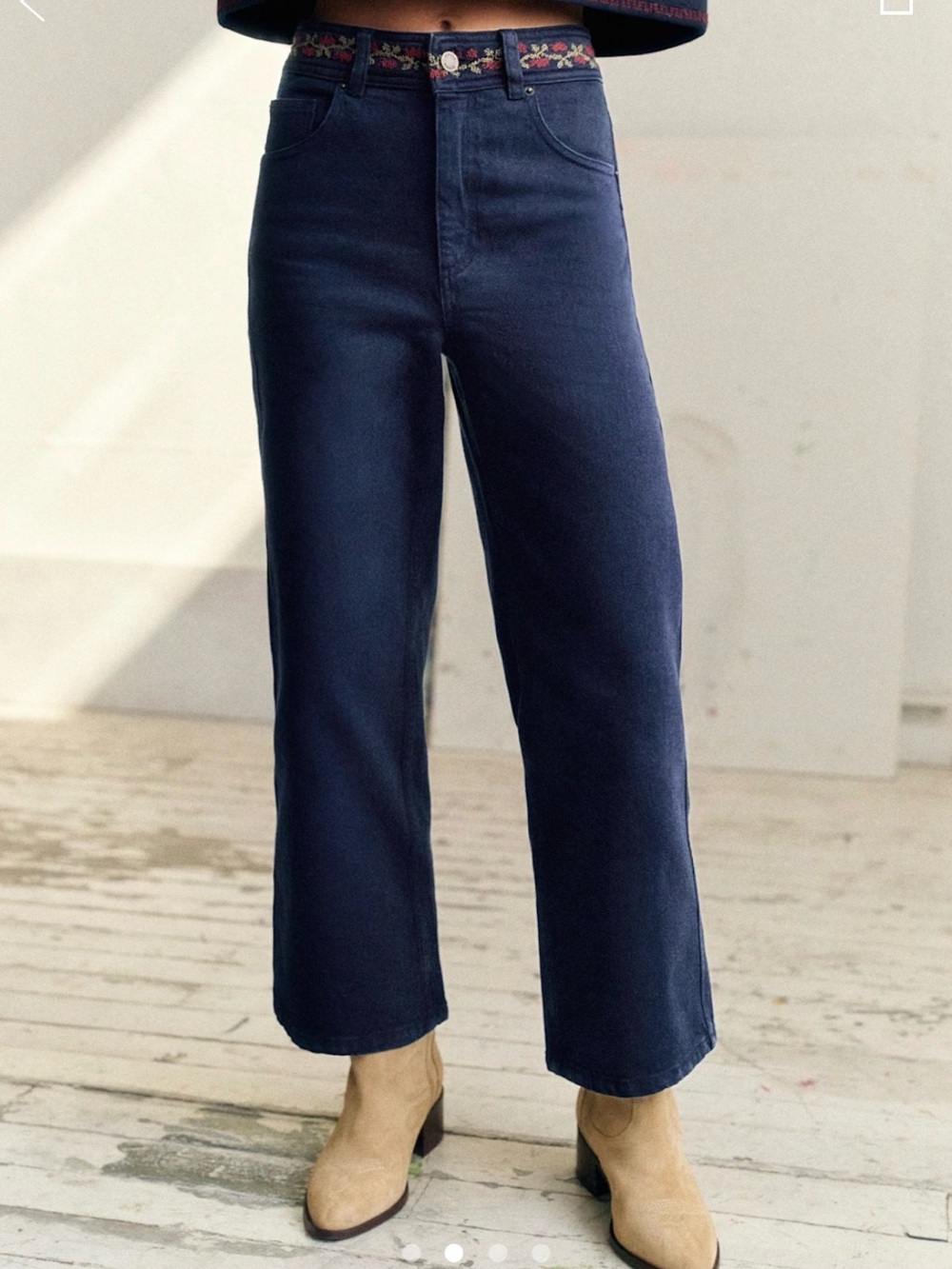 Sézane Navy Cropped Denim Pants with Floral Embroidered Waistband